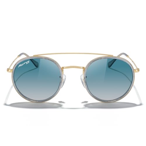 MERRY'S Retro Round Polarized Sunglasses - Unisex Double Bridge Sun Glasses - color: Tra Gray Frame/Gold Bridge/Green Gradient Lens