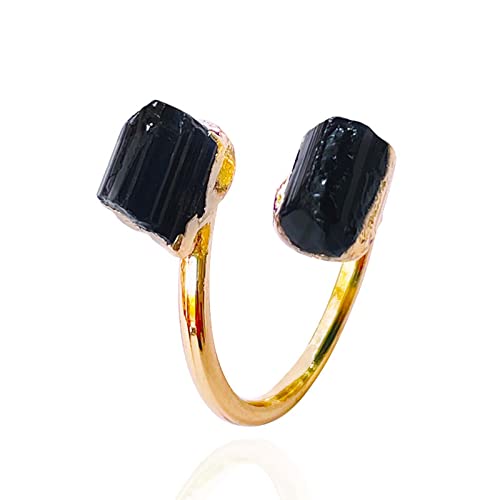 Irregular Black Tourmaline Rough Stone Open Ring Golden Handmade Finger Jewelry Adjustable Size Ring for Women Men Black Tourmaline, Resizable, As Pic Shows