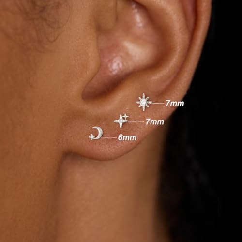 3 Pair Tiny Flat Back Earrings for Women - 14K Gold/White Gold Plated Dainty Cute Small Screw Flatback Stud Earring, Everyday Wear Gift - color: Star&Moon Flat-5/6/7mm Silver