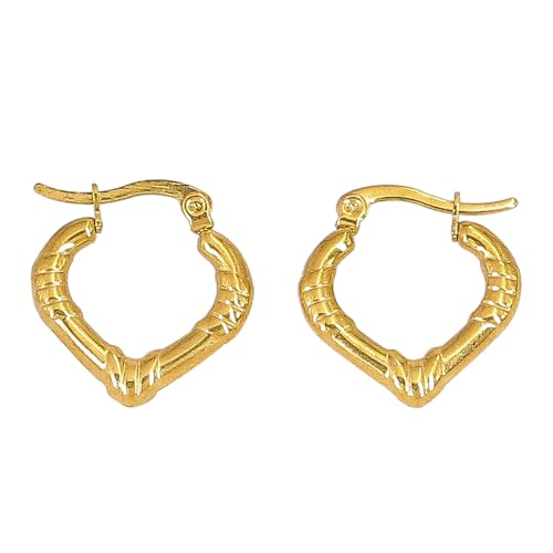 18K Gold Plated Bamboo-Textured Heart Hoop Earrings – Vintage Tribal Style Lightweight Earrings for Women