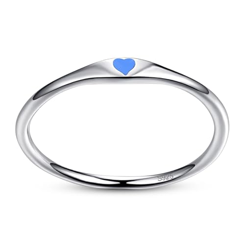 925 Sterling Silver Heart Ring for Women, 1mm Ultra Thin 14K Plated Gold Hypoallergenic Wedding Band with Black/Yellow/Red/Blue/Pink Love, Promise Stack Travel Jewelry Gifts Size 5-10 - color: F-Silver-Blue
