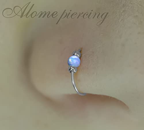 925 Sterling Silver & 14K Gold Filled Nose Ring Hoop Handmade Piercing Jewelry For Women - 24 Gauge 2mm,7mm Tiny Nose Ring with Opal - Gift Ready - color: Light Blue Opal Silver