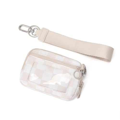 Wristlet Wallet for Women Mini Zip Card Case with Clear ID Window Zipper Coin Purse Lightweight Portable Keychain Wallet - color: Beige