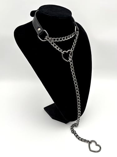 Black Leather Choker Collar For Women, Handmade Heart Slip Chain Choker Long Necklace with Adjustable Buckle - color: B-Black-Black-Black, size: 24''chain