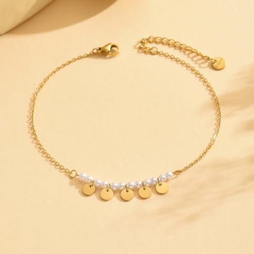 Anklet Bracelets for Women 18K Gold Plated Tennis Anklets Dainty Sapphire Paperclip Pearl Sequin Droplet Adjustable Large Anklet Bracelets Simple Beach Summer Waterproof Foot Jewelry - color: Pearl Sequin-Gold