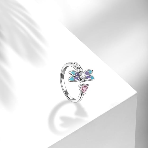PARCOM Adjustable Women Stackable Ring, 925 Sterling Silver Open Rings - Trendy Eternity Cubic Zirconia Stackable Band Engagement Promise Ring for Her, Hypoallergenic Non Tarnish Nature Bird Floral Thumb Rings - color: Dragonfly Heart