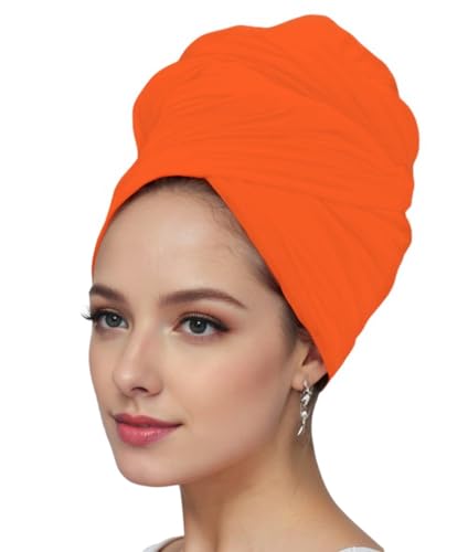 vabovin Head Wraps for Black Women Stretch Jersey Knit Turban Headwrap Solid Color Headscarf Headband Shawl - color: 07- Orange