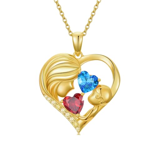 Mothers Day Gifts 14K Yellow Gold Mother Daughter Heart Pendant Necklace with 12 Months Birthstone Birthday Gifts for Mom Anniversarry Jewelry for Mom Wife Girlfriend - color: 01-12-Jan-Dec Birthstone