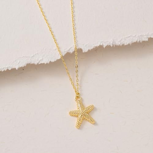 VRIUA Gold Necklace for Women - 14K Gold Plated Dainty Italian Horn Star of David Butterfly Bow Sun Lotus Volleyball Baseball Cowboy Boots Necklace Jewelry Everyday for Women - style: Starfish-1