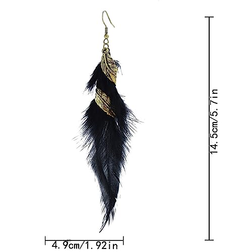 Bohemian Handmade Natural Long Feather Dangle Earrings for Women Multicolor Tassel Feathers Dangle Drop Earrings Vintage Bohemian Earrings Boho Feather Earrings - color: Black