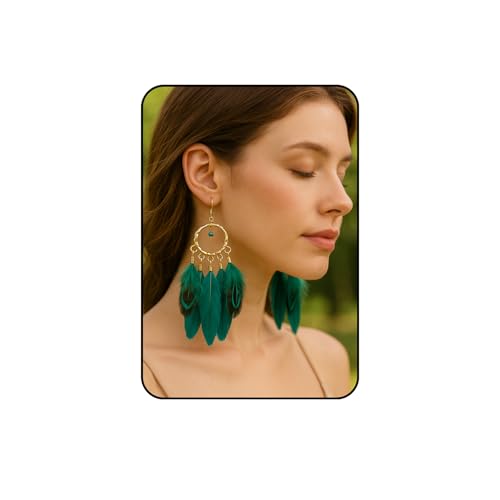 Feather Earrings for Women, Boho Long Brown Gold Dangle Drop Earrings, Handmade Statement Vintage Western Style Lightweight Trendy 2026 Fancy Unique Jewelry Gift - color: Green
