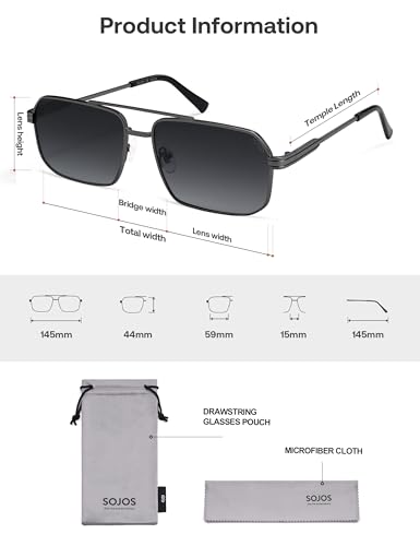 SOJOS Retro Polarized Square Sunglasses for Women Men Vintage Large Double Bridge UV Protection Metal Sun Glasses SJ1246 - color: Gun Black/Grey Grading