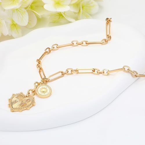 Gold Love Heart Sun Charm Chunky Paperclip Chain for Women Trendy 18K Gold Plated Coin Sunflower Pendant Choker Necklace Hip Hop Jewelry Gifts for Her - style: LOVE HEART, COIN SUN