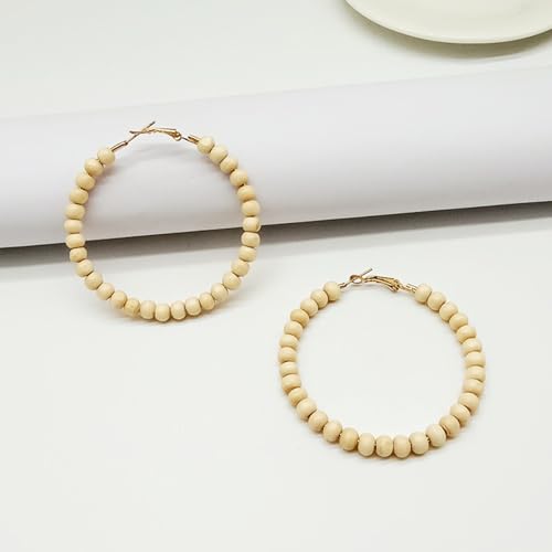 Bohemian Colorful Acrylic Resin Matte Beads Round Circle Hoop Drop Dangle Minimalist Chic Lightweight Earrings for Women Boho Geometric Beaded Statement Jewelry - color: beige