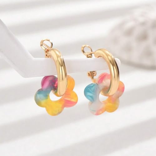 Chunky Acrylic Gold Small Flower Hoop Huggie Earrings, Colorful Boho Ear Piercing Dangle Drop Earrings, Dainty Chic Charm Jewelry Gift - color: Colored