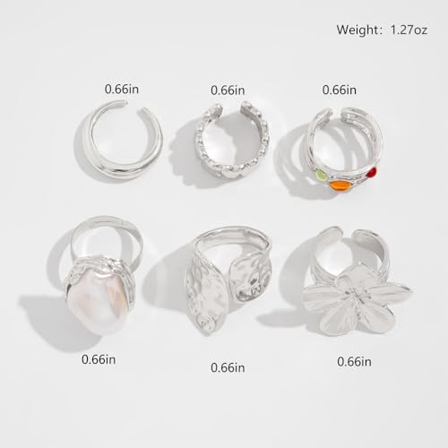 6Pcs Gold Flower Crystal Chunky Knuckle Rings Stacked for Women, Statement Stack Zirconia Hammered Geometry Irregular Baroque Pearl Open Ring Jewelry Gift - color: Silver