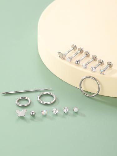 Oveta 16G 18G Flat Back Studs Earrings for Tragus Cartilage Piercing Jewelry, Surgical Steel Nose Rings Hoops 6/8/10mm, Silver/Gold - color: Silver, size: 16g*6/8/10mm bar