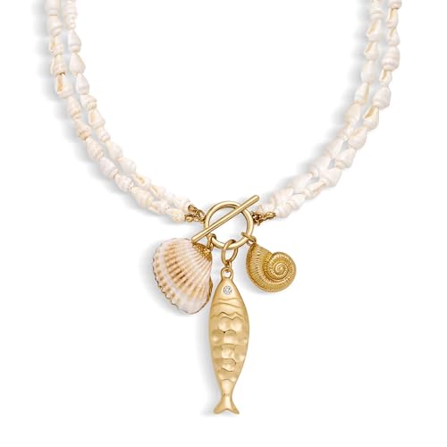 Gold Fish Necklace For Women Blued Beaded Strand Toggle Necklace With Gold Fish Pendants Dainty Summer Beach Turquoise Jewelry - style: Puka Shell