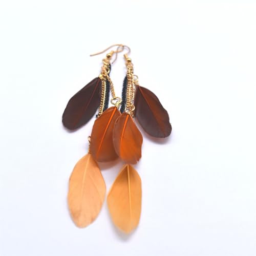 coadipress Boho Piercing Tassel Feather Long Chain Earrings Retro Lightweight Native Feather Dangle Drop Earrings for Women Bohemian Handmade Natural Feathers Earring Jewelry - color: Gradient Coffee