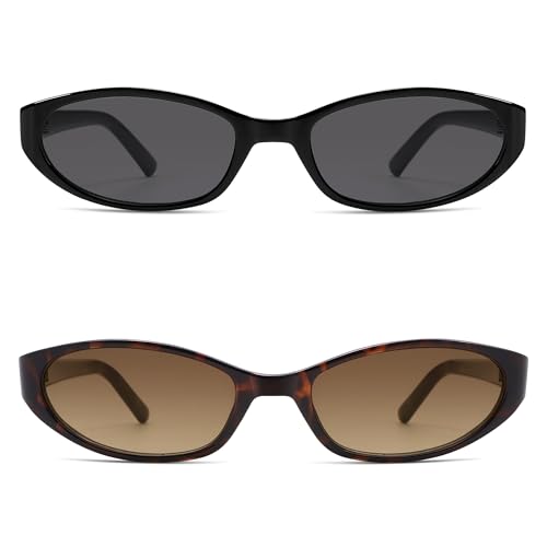 Retro Oval Sunglasses for Women Men Y2k Narrow Cat Eye Sunnies Skinny Shades AR82299 - color: 03. Black/Grey+tortoise/Tea Grading