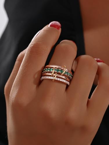 HERSIN Stackable Interlocked Rings for Women Non Tarnish, 18K Rose Gold Plated Green Cubiz Zirconia Ring Chunky Rings Mixed Metal Multi Ring Dainty Stacking Rings Set Gold Jewelry for Women Gifts - color: RoseGold