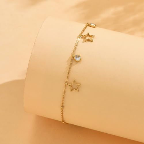 Gold Ankle Bracelets for Women 18K Gold Plated Waterproof Starfish Sea Shell Pearls CZ Diamond Dangle Anklets Trendy Summer Beach Foot Chain Jewelry Gift - style: Star CZ Drop-Gold