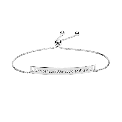 LeCalla 925 Sterling Silver Sliding Bolo Bracelet | Lightweigh Adjustable Chain Bracelets for Women | Valentine's Day Gift Friendship Sister Mom - color: Believe ID Bar