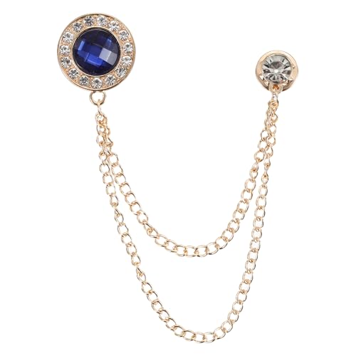 PATIKIL Gem Chain Brooch Pins, Hanging Chain Brooch Suit Pin Tassel Chain Round Crystal Badge Lapel Collar Pins for Men Shirts - color: Gold Tone(Blue)