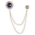 PATIKIL Gem Chain Brooch Pins, Hanging Chain Brooch Suit Pin Tassel Chain Round Crystal Badge Lapel Collar Pins for Men Shirts - color: Gold Tone(Blue)