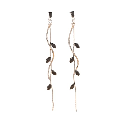 Temperament Long Zircon Tassel Earrings for Women Charm Jewelry Sparkling Crystal Leaves Twist Dangle Earrings for Friends - color: Silver-Black Leaves