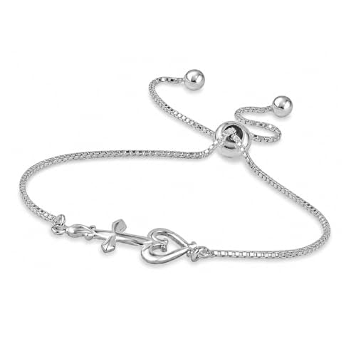 LeCalla 925 Sterling Silver Bracelets for Women | Italian Handmade Adjustable Sliding Bolo Bracelet Jewelry | Lightweight Adjustable Silver Chain Bracelet for Women | Hypoallergenic Jewelry Gifts - style: Cross Heart