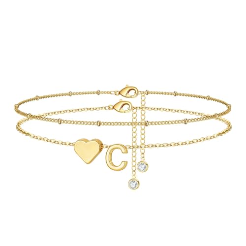 M MOOHAM Gold Initial Ankle Bracelets for Women - Layered Heart Letter A-Z Initial Dainty Gold Anklets for Women Waterproof, Womens Anklets Jewelry Birthday Gifts Jewelry - color: C