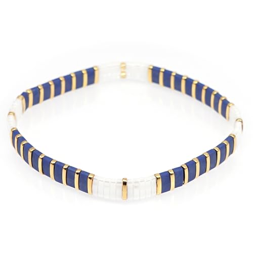 Sonateomber Tila Flat Beaded Stretch Bracelets for Women, Trendy Unique Colorful Square Beads Handmade Stack Bracelet Friendship Accessories Fashion Jewelry Gift - color: Blue Gold