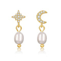 Pearl Earrings for Women 14K Gold Freshwater Pearl Hoop Earring Dangle Drop Wedding Earrings Bridal Bridesmaid Jewelry Gifts for Women - color: Gold Moon & Star Pearl Earrings