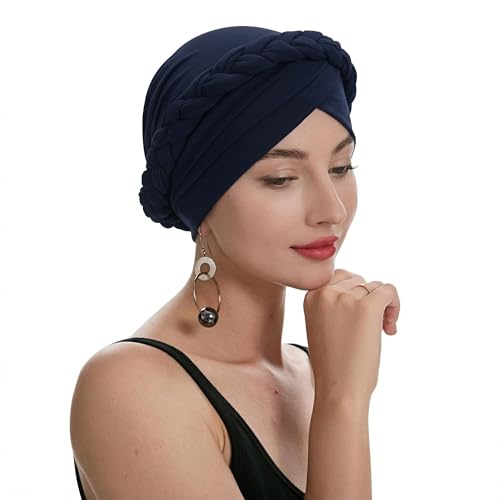 ZLYC Chemo Headwear for Women Pre Tied Turban Headwear Lightweight Beanie Hat - color: Braid Navy