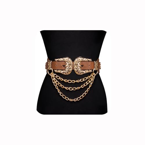 Dubulle Womens Belt Chain Leather Belts Vintage Western Adjustable Elastic Double Buckle for Cowboy Pant Dress - color: Coffee Brown Gold