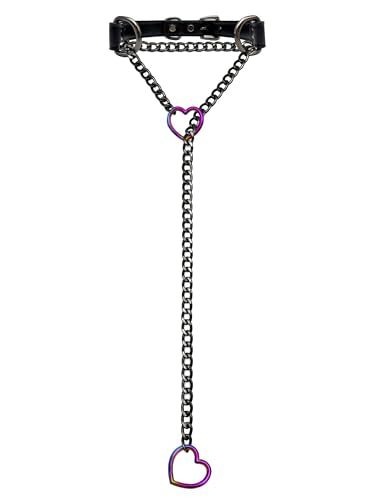Black Leather Choker Collar For Women, Handmade Heart Slip Chain Choker Long Necklace with Adjustable Buckle - color: B-Black-Black-Rainbow, size: 24''chain