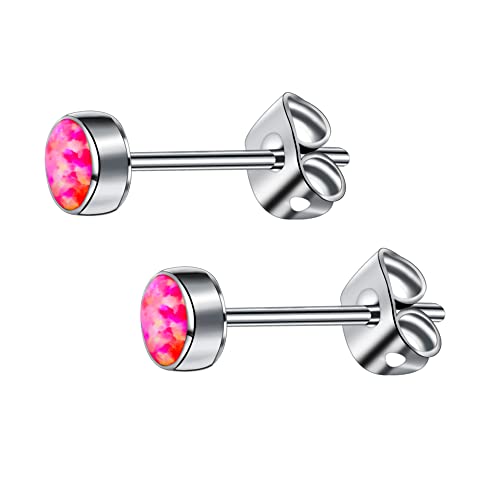 G23 Titanium Opal Stud Earrings for Women Girls Hypoallergenic Earring with 4mm 5mm Birthstone for Sensitive Ear Fashion Women's Jewelry(2pcs) - color: Hot Pink, size: 4mm