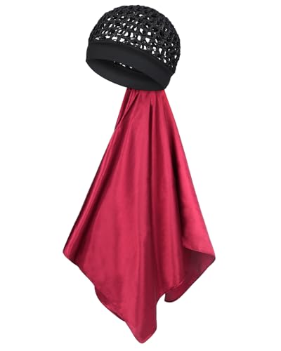 Silk Like Press Wrap Cap with Attached Hair Net Scarf - 2 in 1 Satin Scarf for Women, Soft Headband Hair Wrap for Sleep (Wine) - color: Wine