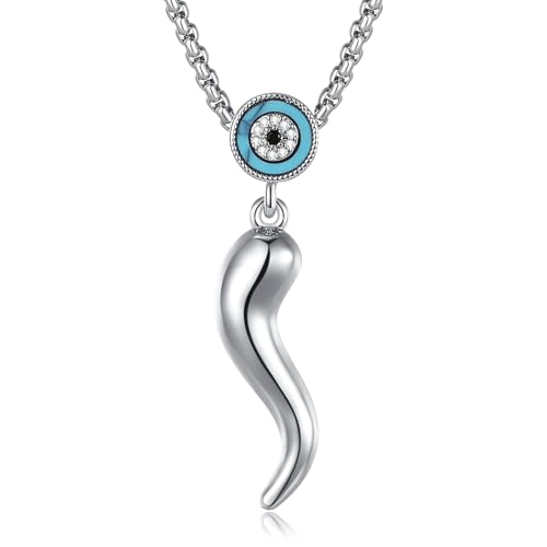 INFUSEU Italian Horn Necklace with Evil Eye for Women Protection Good Luck Gifts - color: Silver, style: Style A