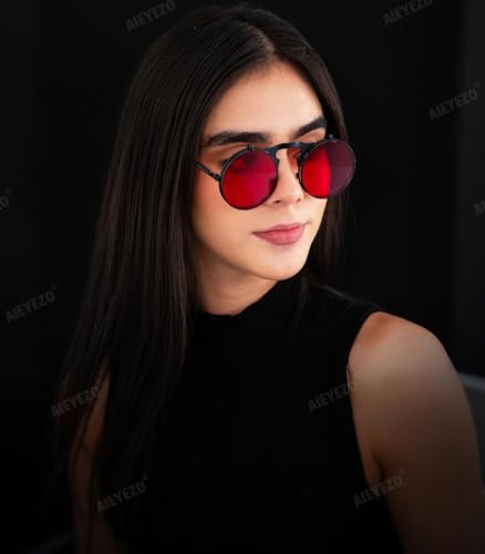 AIEYEZO Round Flip Up Sunglasses for Men and Women Rave Flip Glasses 90's Retro Steampunk Style - color: Black/Ocean Red