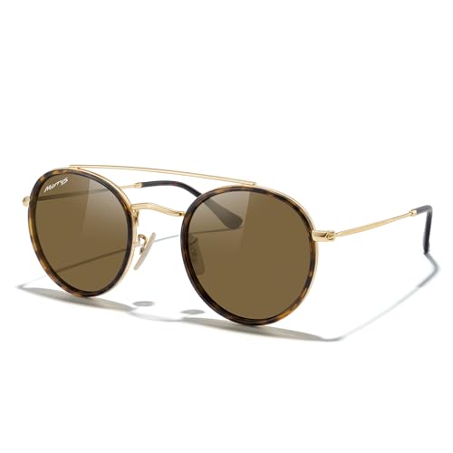 MERRY'S Retro Round Polarized Sunglasses - Unisex Double Bridge Sun Glasses - color: Leopard Frame/Gold Bridge/Brown Lens