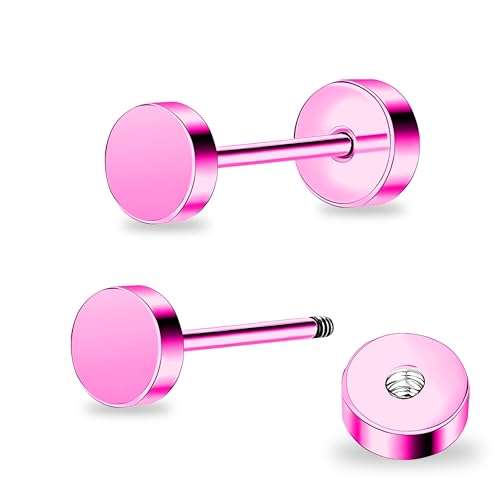 ZDE Women Earrings Flat Back Dot Earrings Titanium Hypoallergenic Cartilage Non-Nickel Earrings Studs for Sensitive Ears Simple Classic 3mm/4mm/5mm/6mm Screw On Stud Earring - color: Pink, size: 6MM