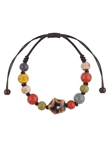 MINACHI Bohemian Colorful Ceramic Bead Adjustable Leather Bracelet, Boho Hippie Summer Jewelry Gift for Women - color: S06