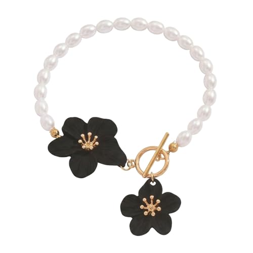 Flower Anklets for Women Trendy Flower Ankle Bracelet Boho Floral Anklet Summer Beach Anklets Jewelry for Women - color: Pearl Chain Black