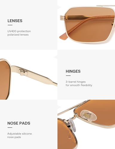 SOJOS Retro Polarized Square Sunglasses for Women Men Vintage Large Double Bridge UV Protection Metal Sun Glasses SJ1246 - color: Gold/Orange