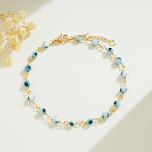 BENEIGE Women Bracelet 14K Gold Plated Paperclip Satellite Bead Ball Oval Cuba Cable Box Chain Daily Charm Layered Link Silver Bracelets Adjustable Jewelry - style: Eye Blue