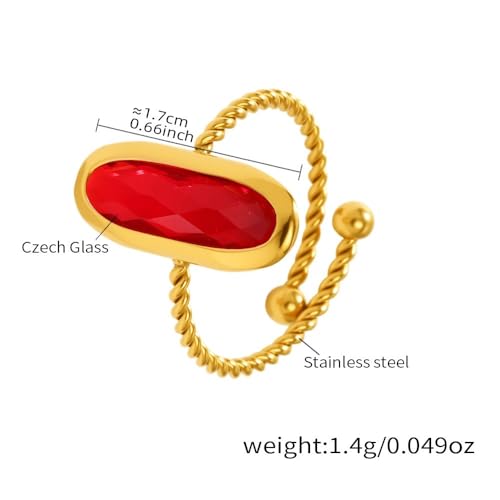 18K Gold Plated Adjustable Twisted Rings for Women Non Tarnish Oval Czech Glass Stone Stainless Steel Statement Rings Open Gemstone Boho Stackable Band Jewelry - color: Red