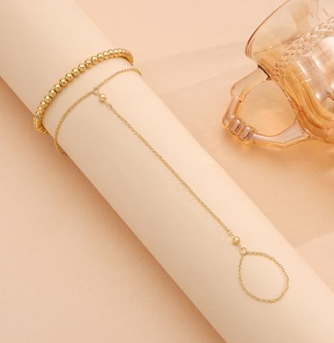 Risamil 14K Gold Plated Hand Chain Bracelets for Women Trendy, Dainty 2PCS Ring Bracelet Hand Chain Finger Bracelets Layered Stackable Link Bracelets for Women Jewelry Gifts for Women - color: BRBead