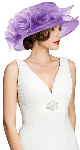 Women's Kentucky Derby Church Dress Hat Wide Brim Leaf Flower Bridal Shower Hat - color: A6 Purple